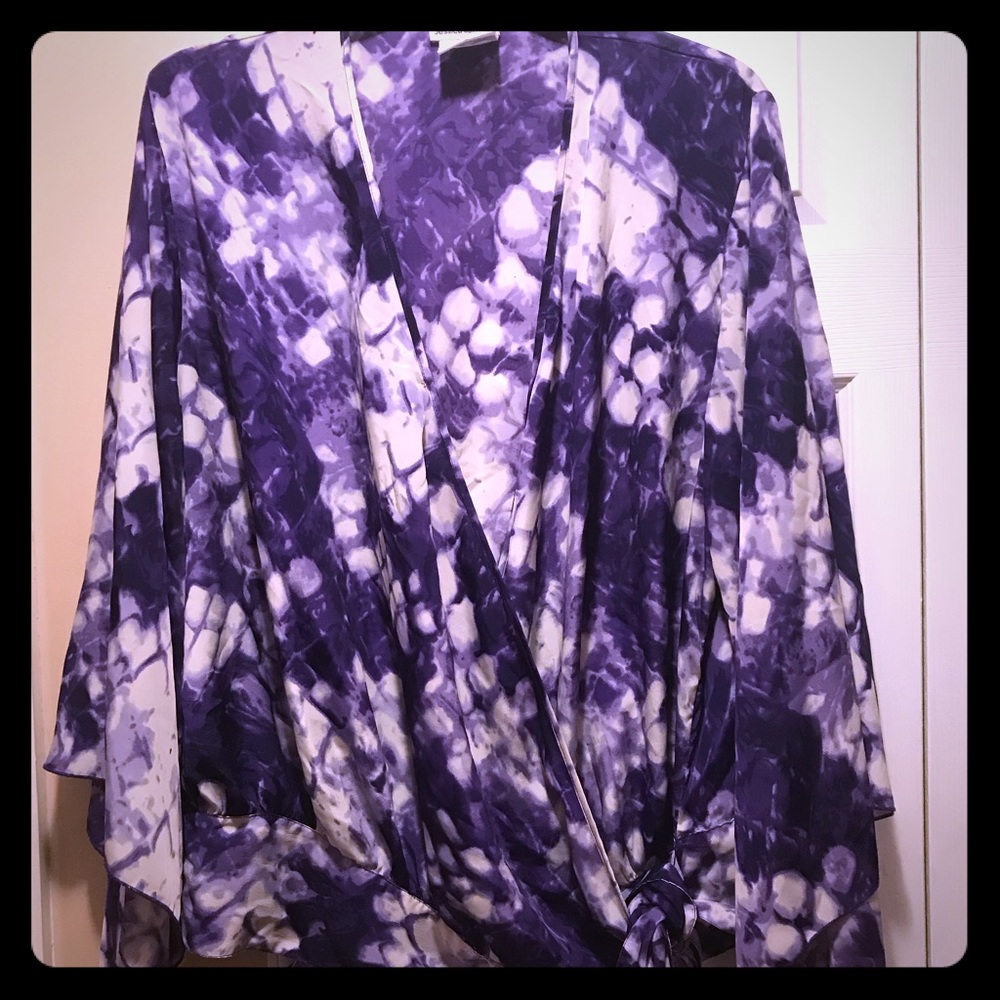 Purple & White Bell Sleeve Wrap Shirt